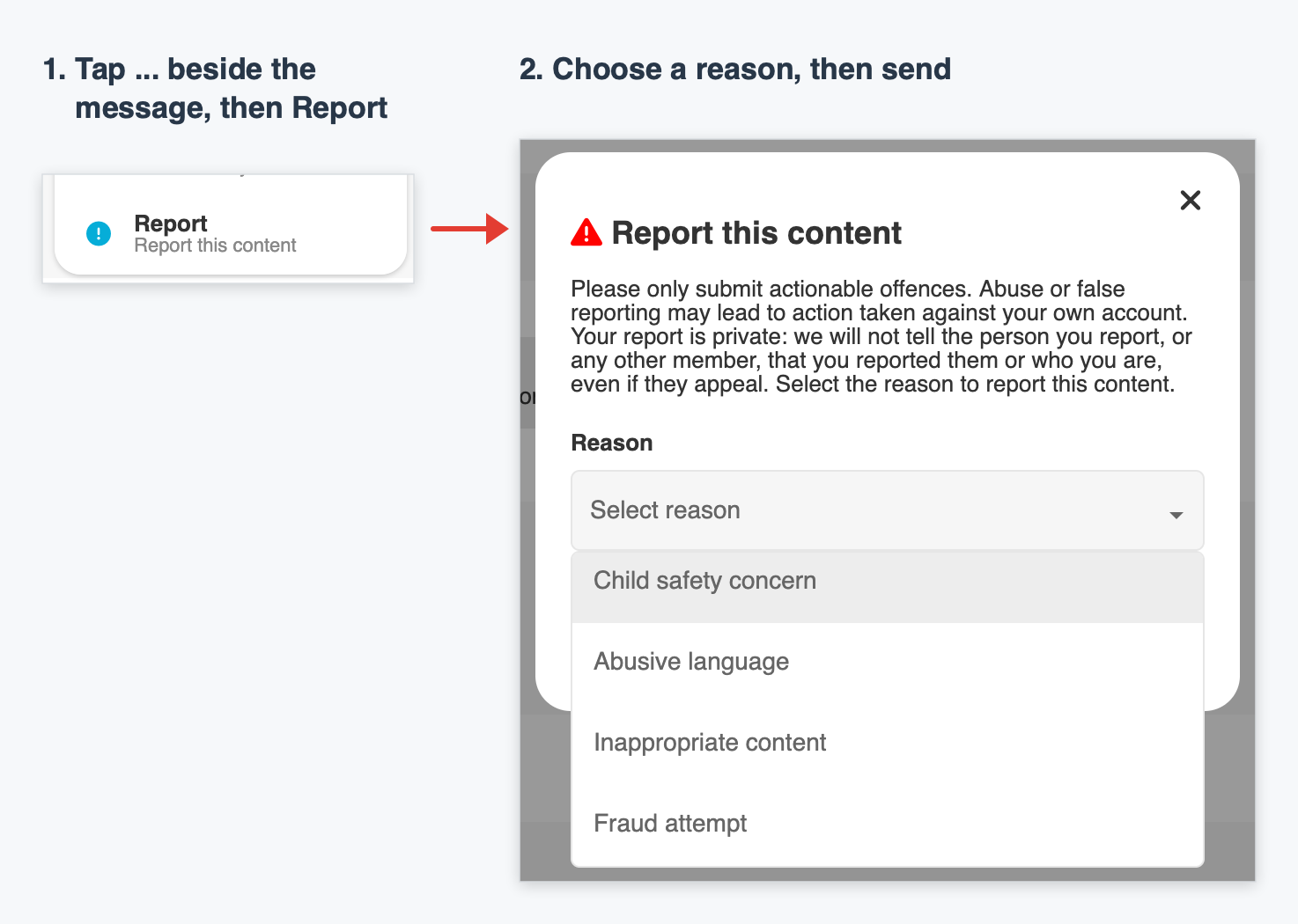 How to report a chat message: step 1, tap the three dots beside the message and choose Report; step 2, choose a reason such as Child safety concern, then send.